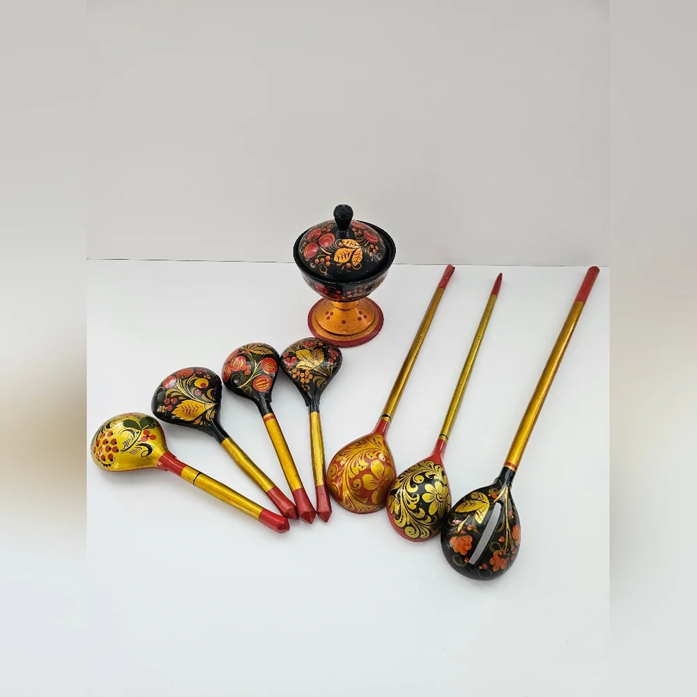 Vintage Russian Khokhloma Wood Set - Hand-Painted Lacquer Lidded Dish & 7 Spoons